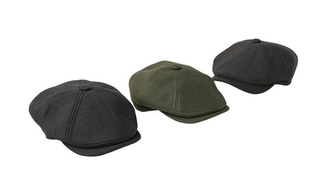 Three flat caps in black dark grey, and olive green