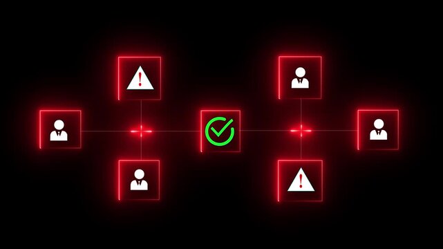 Neon line cubes with human icons connected by arrows and central cube with red check mark symbolizing teamwork and approval in network animation concept on a black background.