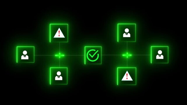 Neon line cubes with human icons connected by arrows and central cube with red check mark symbolizing teamwork and approval in network animation concept on a black background.