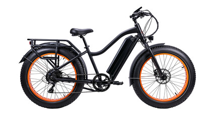 Black fat tire electric bicycle with orange rims and rear rack © Alex