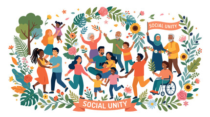 Fototapeta premium Vibrant illustration of a diverse group of people dancing in a circle around a unity banner, celebrating community joy