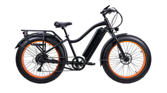 Black fat tire electric bicycle with orange rims and rear rack