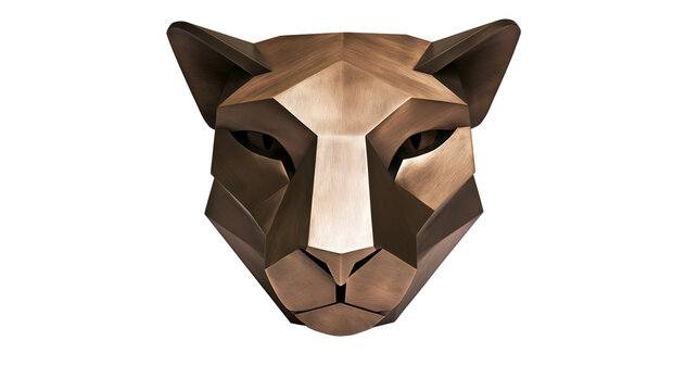 Geometric bronze lion head sculpture with sharp angles