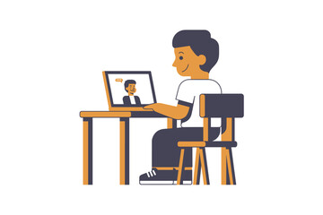 Fototapeta premium A young boy sitting at a desk and attending an online class on a laptop computer