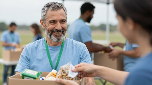 A cheerful gray-haired man wearing a blue shirt and green lanyard hands out a food package to someone at an outdoor community aid station.