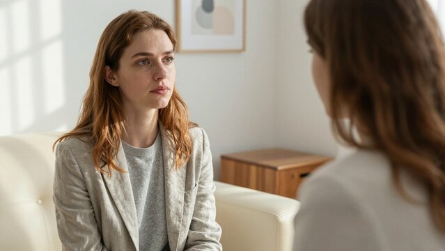 A close-up shot captures a thoughtful woman with reddish-brown hair during a private therapy session, seated on a white couch facing her therapist.