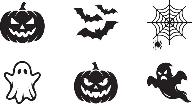 Halloween icons, spooky symbols, black vector graphics, 6 pcs