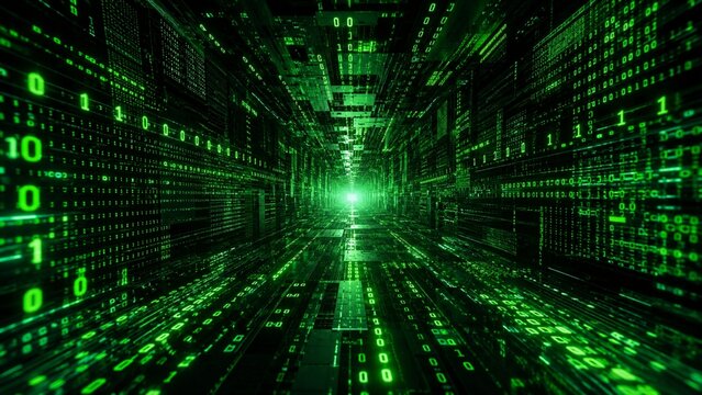 Abstract digital tunnel with green glowing binary code representing computer programming, cyber security, and big data transmission
