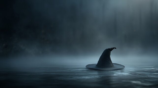 A solitary witch's hat floats mysteriously on a dark, misty lake, evoking a spooky, magical, and autumnal Halloween atmosphere.