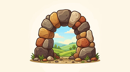 Rustic stone archway with scenic landscape view. © Riki