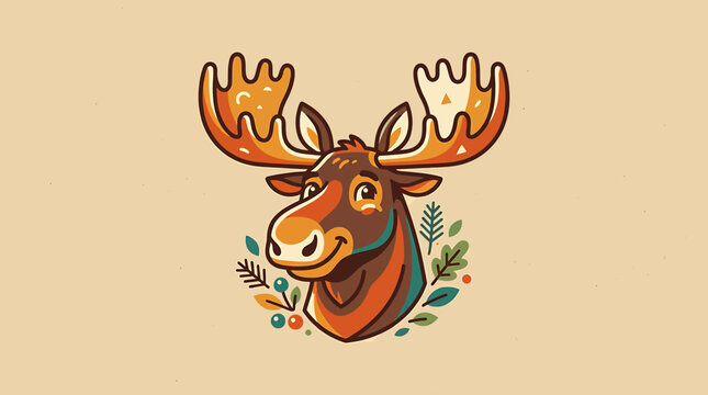Illustrated Moose Head with Antlers and Foliage.