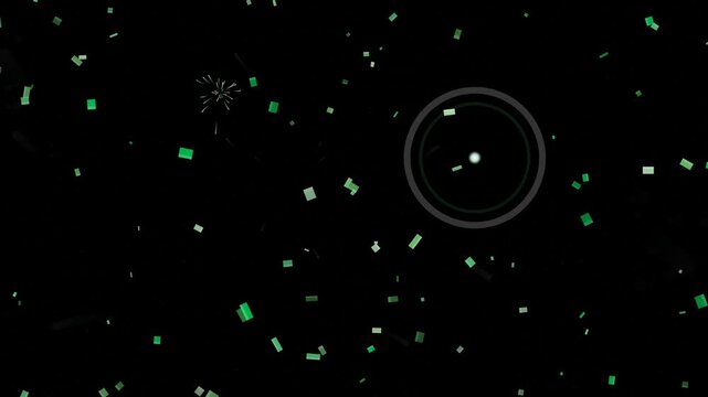 Abstract digital background featuring a floating glowing white orb surrounded by scattered emerald geometric particles and thin light rings in a dark void