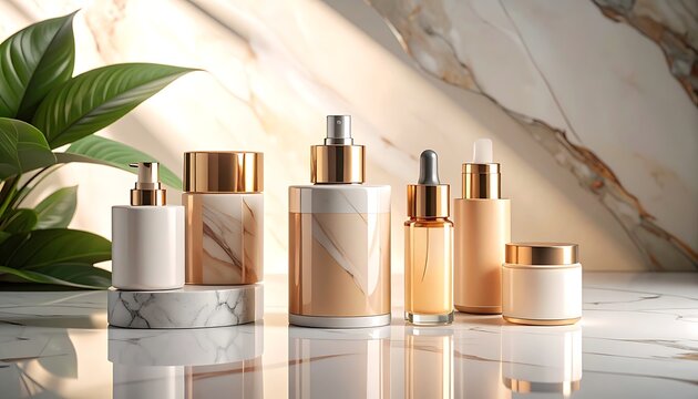 Elegant skincare bottles on marble (2)