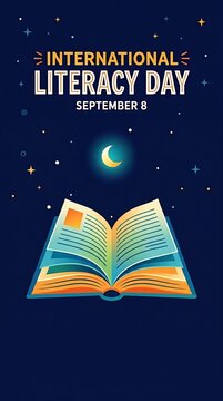 open book glowing under a starry night sky celebrating international literacy day on september eighth.