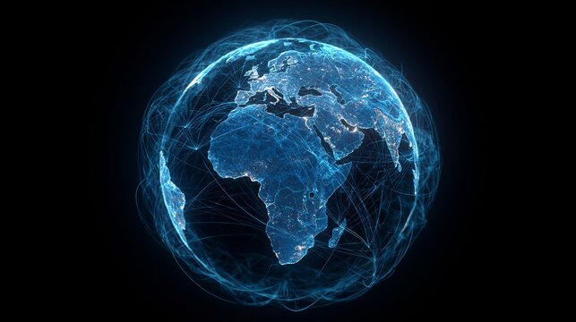 Digital glowing blue earth globe with interconnected lines showing global communication networks on a clean solid black background space view