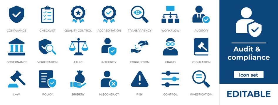 Audit and Compliance Icon Set. Vector Icon Set for Business Regulation, Quality Control, Risk Management, Corporate Governance, Policy and Checklist
