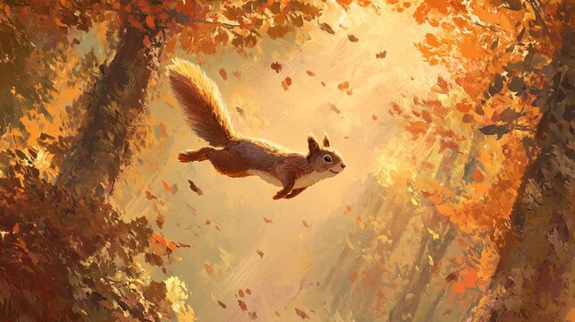 A playful squirrel gracefully leaps through a vibrant autumn forest, surrounded by falling leaves and warm, golden sunlight.