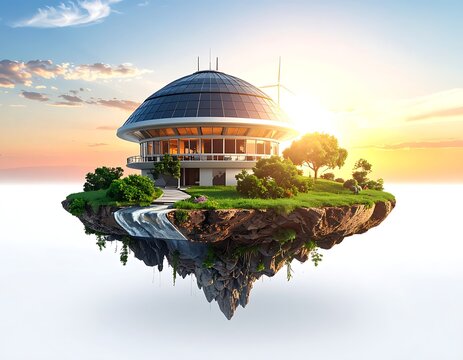 Futuristic island home with waterfall and solar roof