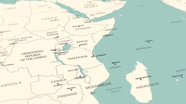 Detailed map of Africa with smooth camera movement across the continent from the southern region toward Egypt and the Mediterranean Sea. Countries, capitals, coastlines and geographic labels are visib