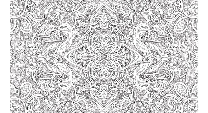 Intricate black and white line art floral pattern design.