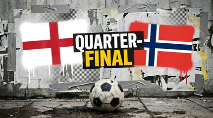 Obraz premium Dirty soccer ball on ground with England versus Norway quarter final match poster on torn wall in background perfect for sports news and football tournament coverage