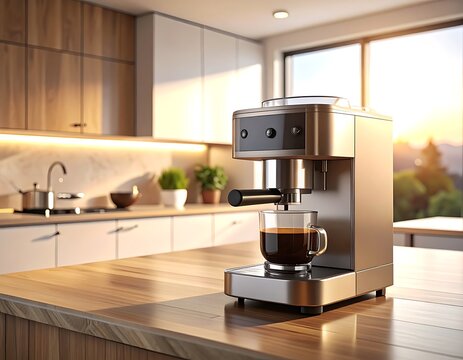 Modern kitchen with espresso machine brewing coffee