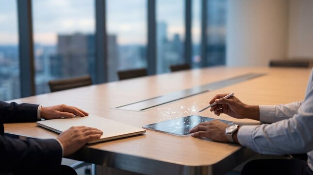 Close-up of hands using stylus on digital tablet displaying glowing network connection for electronic contract signing or secure data transfer in modern boardroom setting.