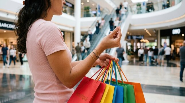 Young woman holding colorful shopping bags inside a busy modern shopping mall with escalators and shoppers visible in the background