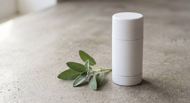 Minimalist natural body care product showcase featuring a blank white deodorant stick container or lotion bottle next to a fresh green sage herbal leaf branch on concrete.