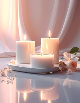 Soft light illuminates serene candles and delicate blossoms