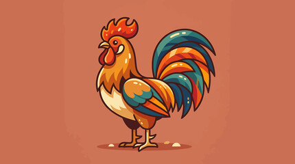 Colorful illustrated rooster with vibrant plumage standing. © Aldian