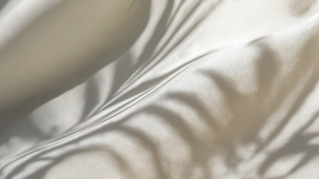 Macro of a palm leaf shadow on white fabric, soft sunlight, tropical