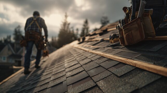 Roofing contractor inspects storm damaged shingle roof with tools on site, showing repair, restoration and protection after severe weather.