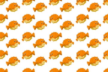 Seamless Puffer Fish Pattern. Pufferfish Repeat Background. Marine Fish Surface Pattern © Ivnkristia
