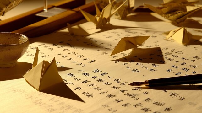 Parchment sheets, calligraphy pen, and origami paper floating