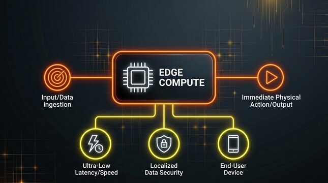 Edge computing architecture diagram with core features like ultra low latency, localized data security, and instant physical response for distributed network systems and io t devices
