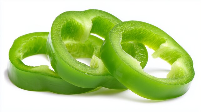 Three green bell pepper slices isolated on white, fresh vegetables
