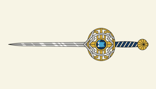 Ornate fantasy sword with a circular gold guard, striped hilt, and a sparkling blue gem set in the center of the crossguard.