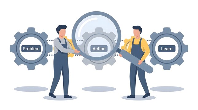 Clean, minimal flat vector illustration of two figures using a giant magnifying glass to adjust links between smaller gears, labeled 'problem', 'action', 'learn', on a timeline.