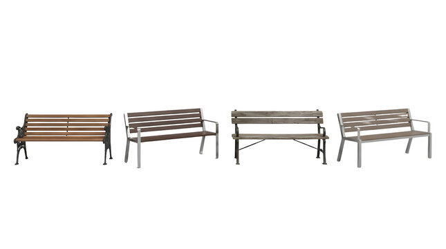 Wooden park bench collection, set of four outdoor seating furniture elements, classic timber and metal garden benches isolated on white background