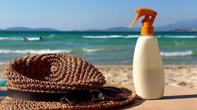 White sunscreen bottle in focus with straw hat and sunglasses beside it against a sunny sea background. Summer skincare, beach travel, wellness, and vacation lifestyle concept.