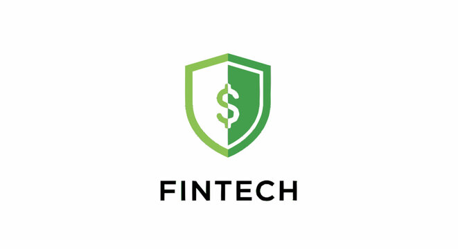 Green shield logo with dollar sign symbol for fintech and financial security concept.