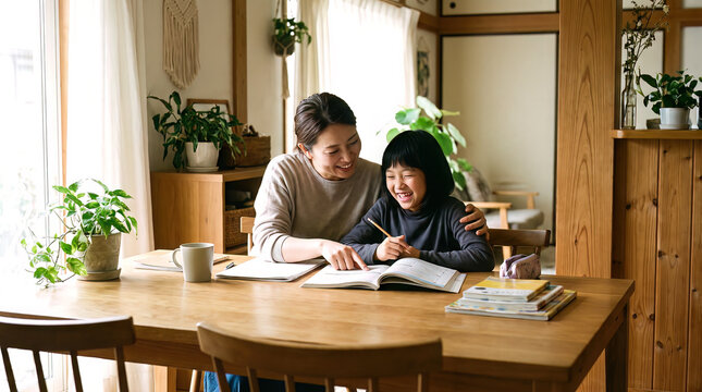 Joyful, candid laughter fills the bright room, defining the lighthearted dynamic of the mother helping child with homework.