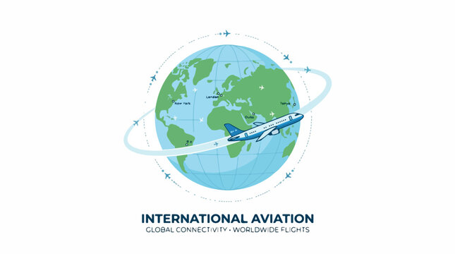 Global aviation concept with a plane circling a globe illustration and orbital flight paths for international flight