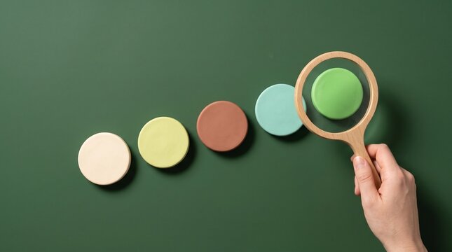 Hand holding magnifying glass examining color circles on green background with magnifying magnifier investigation analysis background research selection comparison discovery