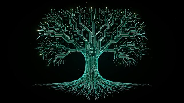 Glowing digital tree shaped like an electronic circuit board with bright cyan connections isolated against a deep solid black background
