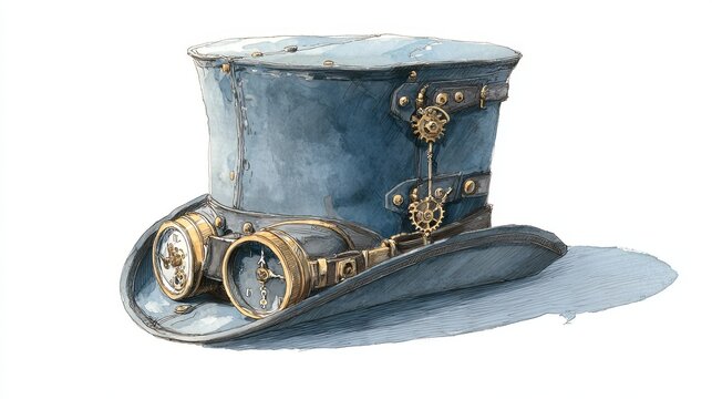 Detailed steampunk top hat with brass gears, pipes, and goggles, showcasing intricate mechanical design and vintage aesthetic