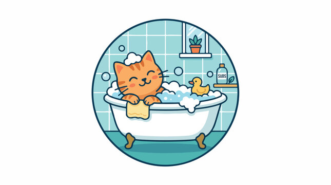 Playful orange tabby cat enjoying a bubble bath in a cozy blue tiled bathroom, illustrated in a charming cartoon style