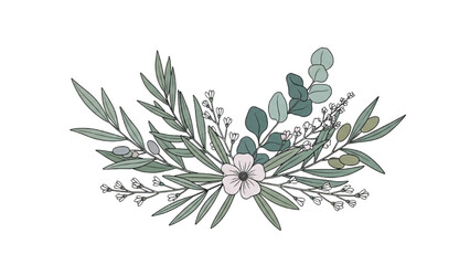 A beautiful floral arrangement of eucalyptus leaves and white flowers © Stock Image Paradise