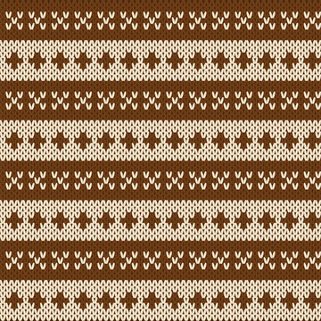 Seamless Nordic Knitting Pattern with Brown Geometric Cross and Stripe Ornaments